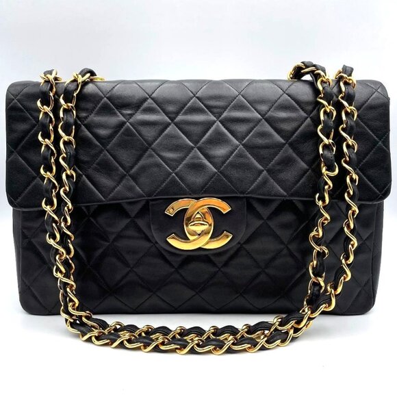 Authentic CHANEL Jumbo Maxi XL 24K Gold Flap Bag Lambskin Chain Shoulder Black - Picture 1 of 16